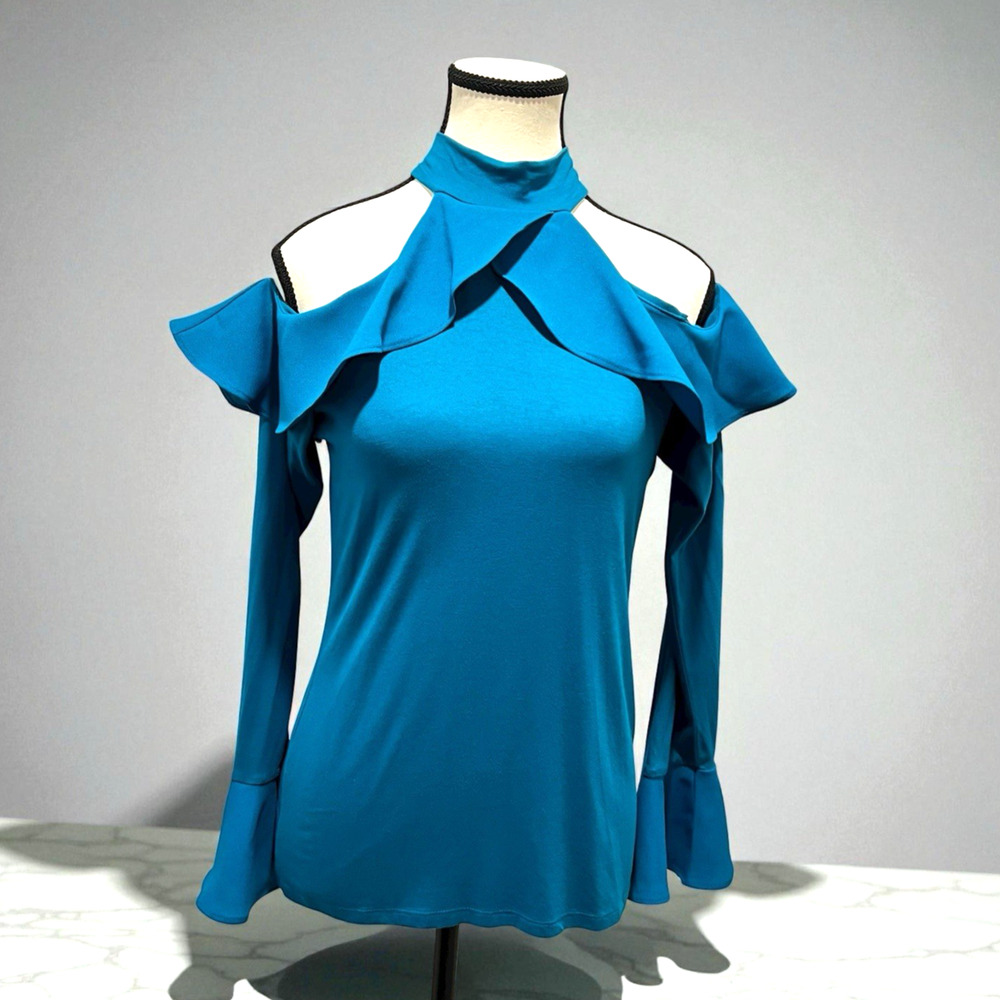 INC Y2K Blue Stretch Halter Ruffle Neck Cold Shoulder Stunning Women's Small - Picture 1 of 9